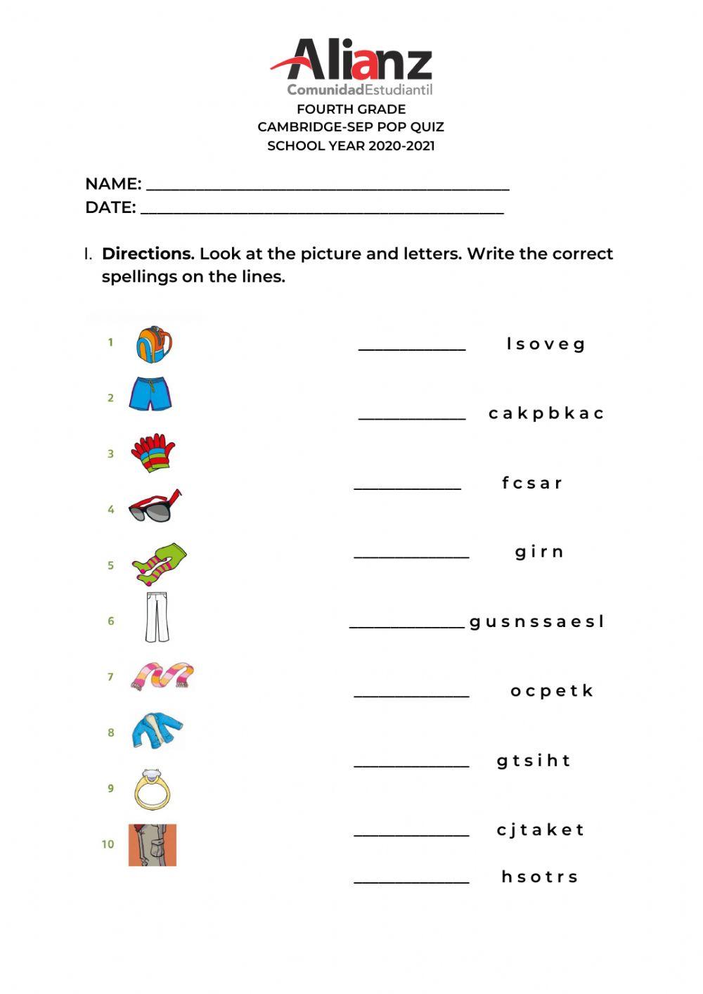 4th Grade Cambridge October Pop Quiz