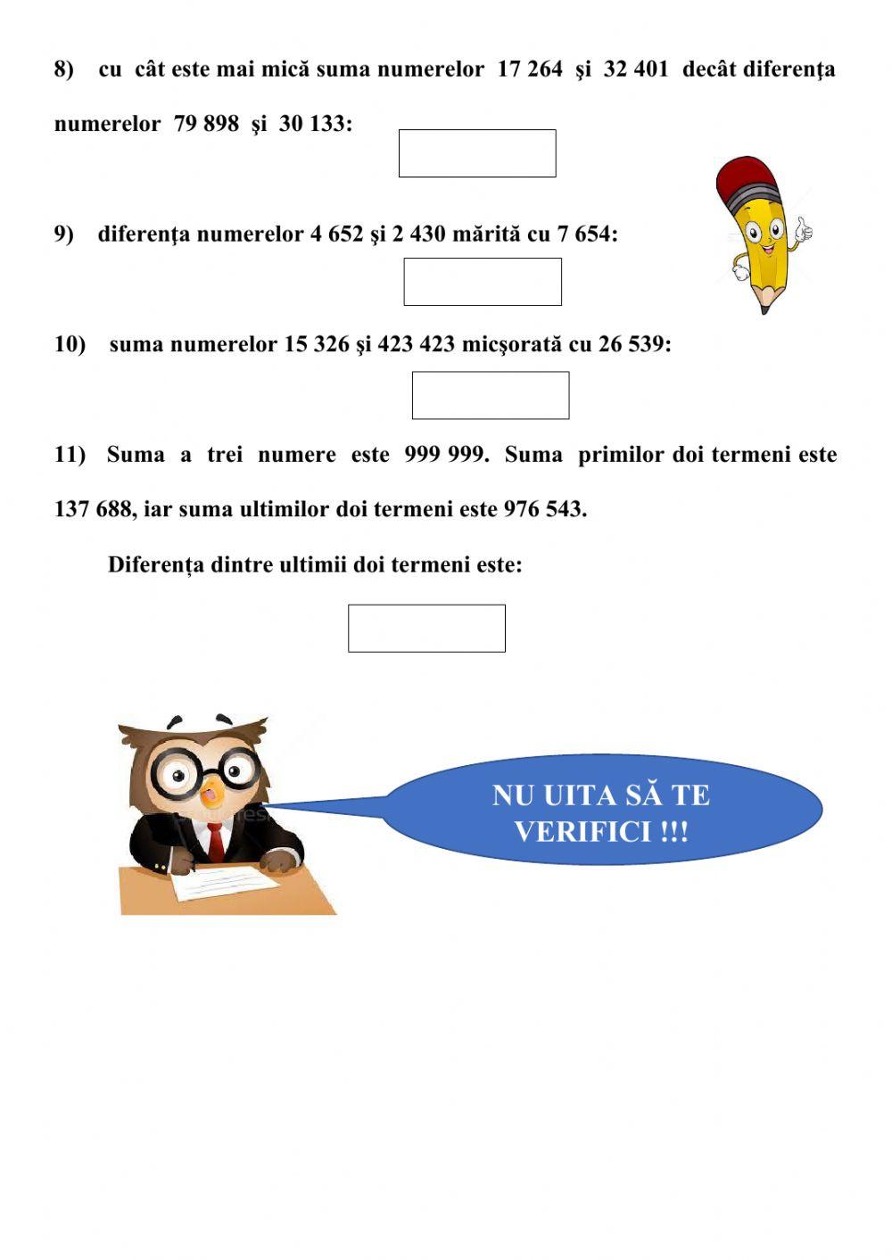 Adunarea și scăderea numerelor naturale mai mici decât 1 000 000 fără trecere peste ordin