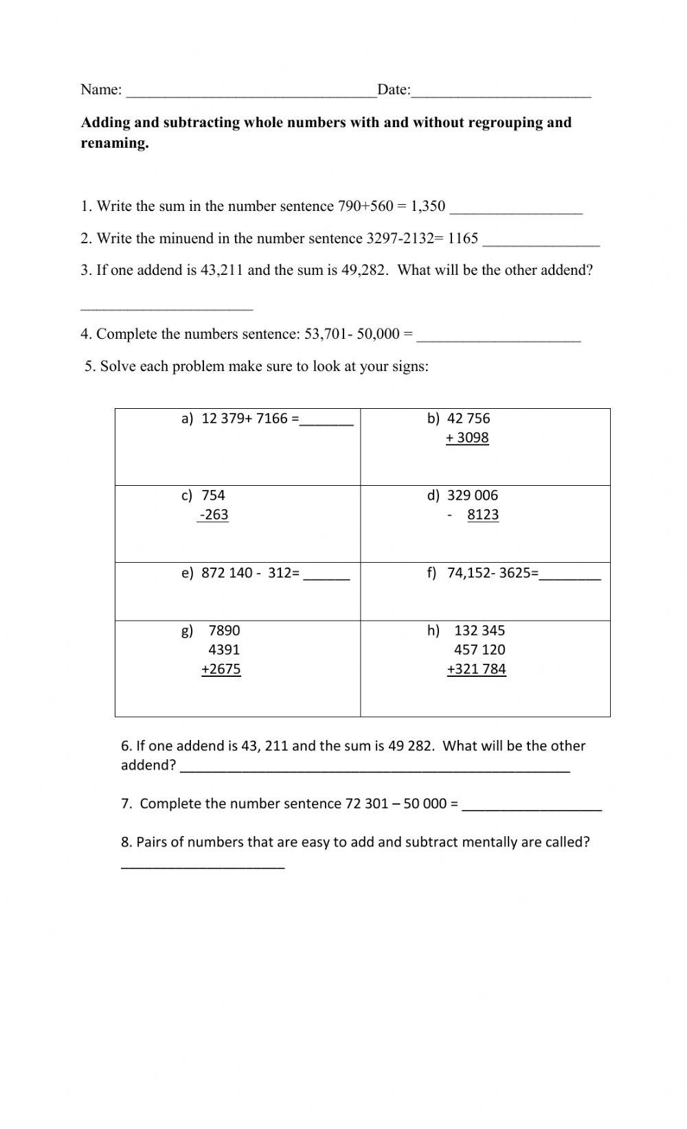 Mathematics Addition and SUbtraction worksheet | Live Worksheets