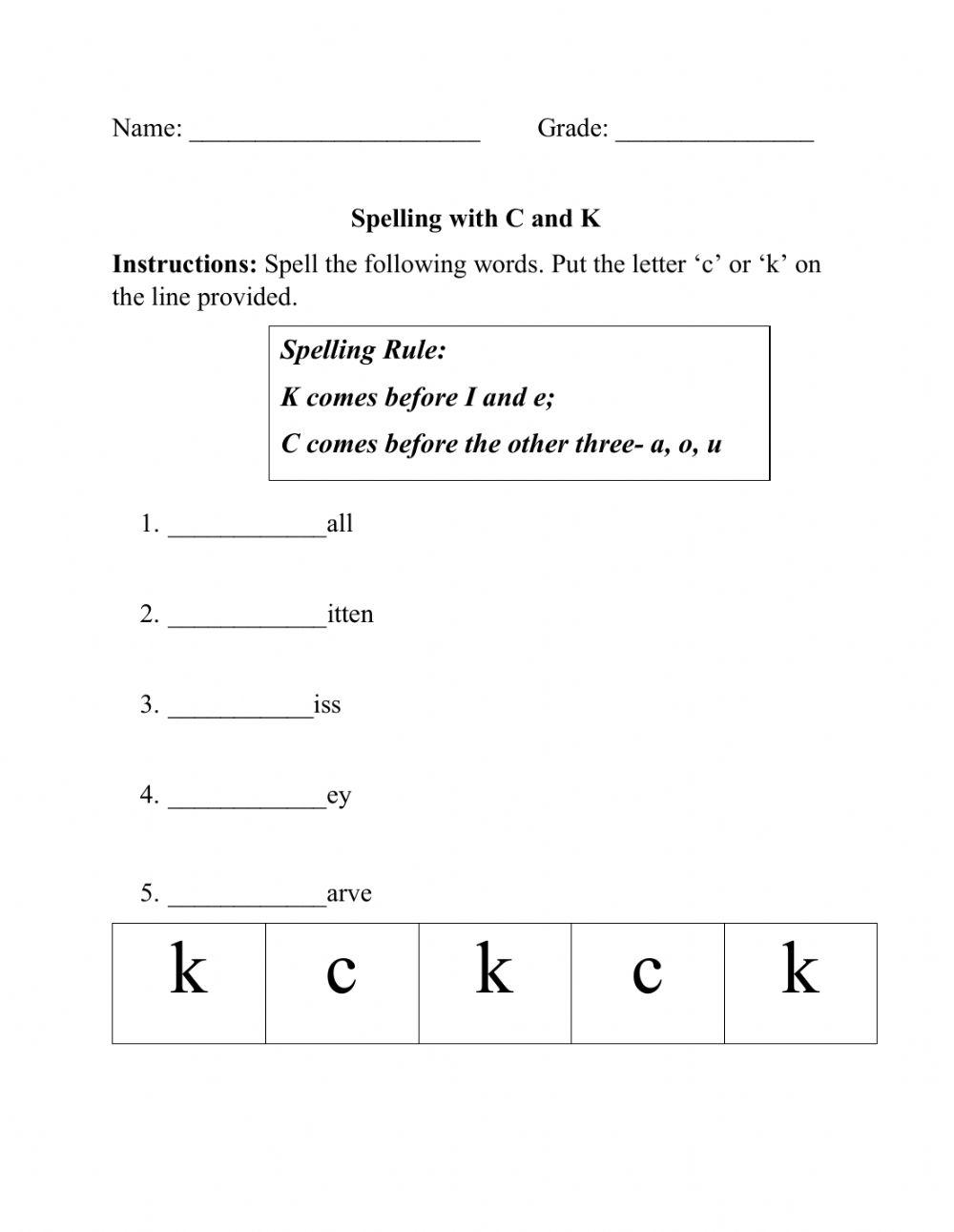 Week one Spelling Rule C K online exercise for Live Worksheets