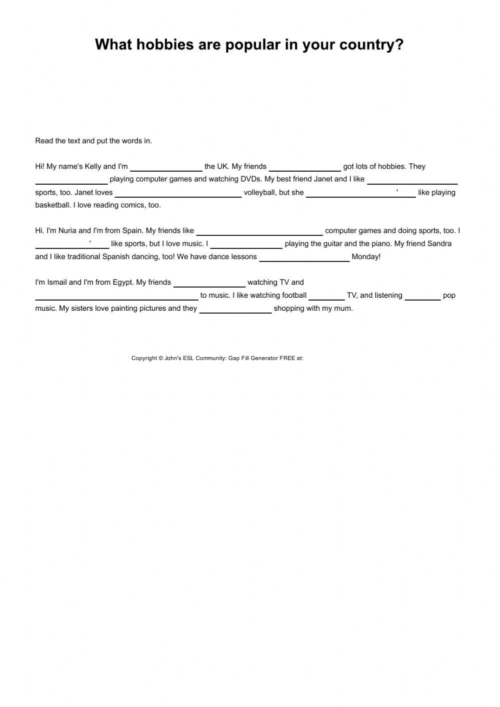 Family and Friends 3 unit 2 - cloze text