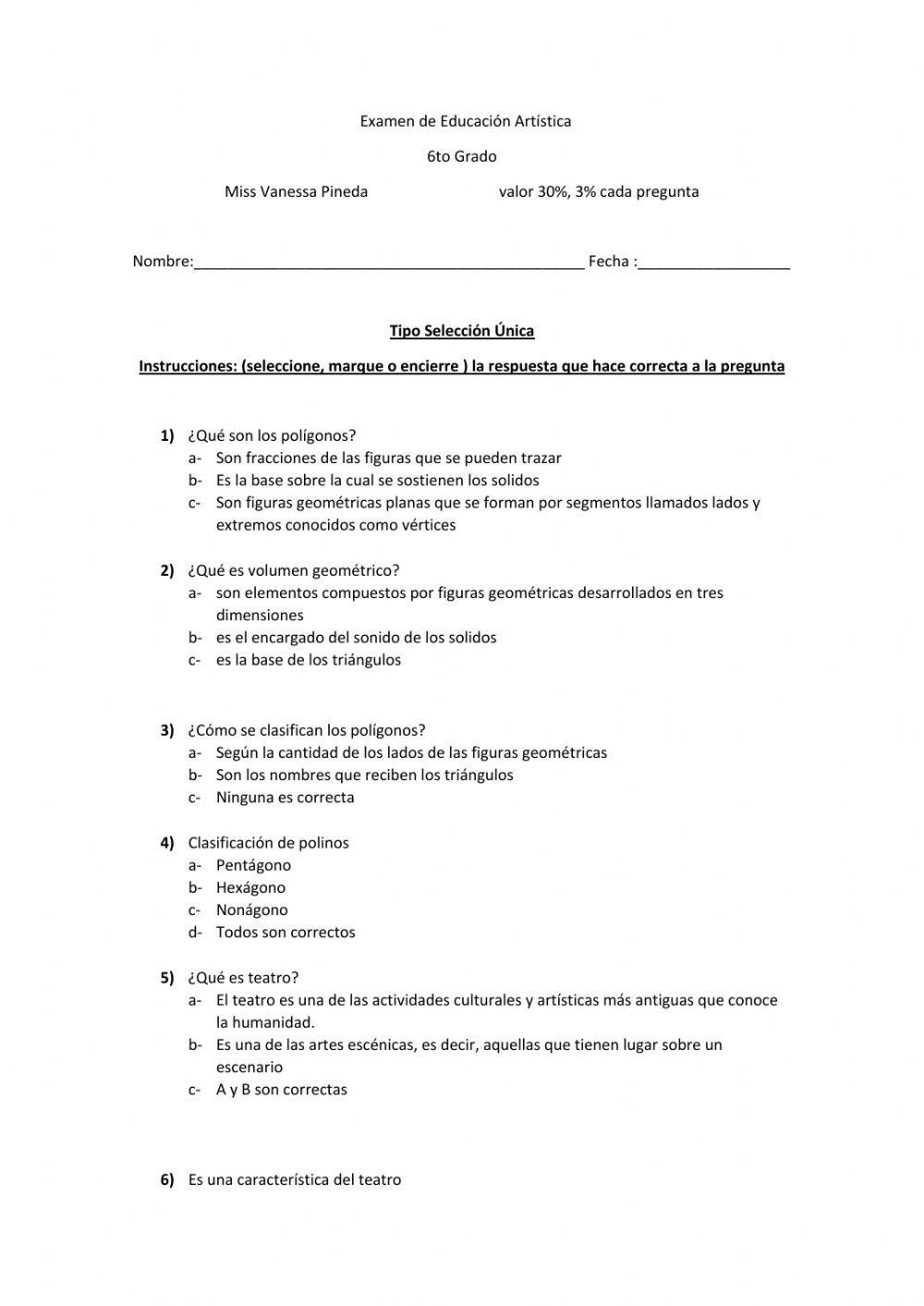 Examen artistica 6th grade