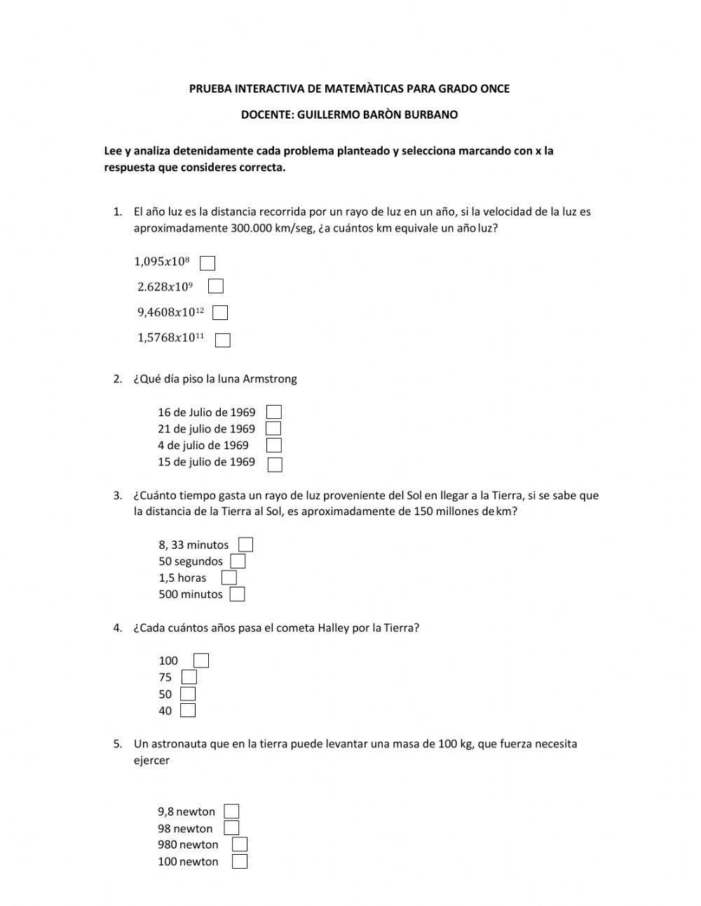 Prueba interactiva de matemáticas para grado 11°