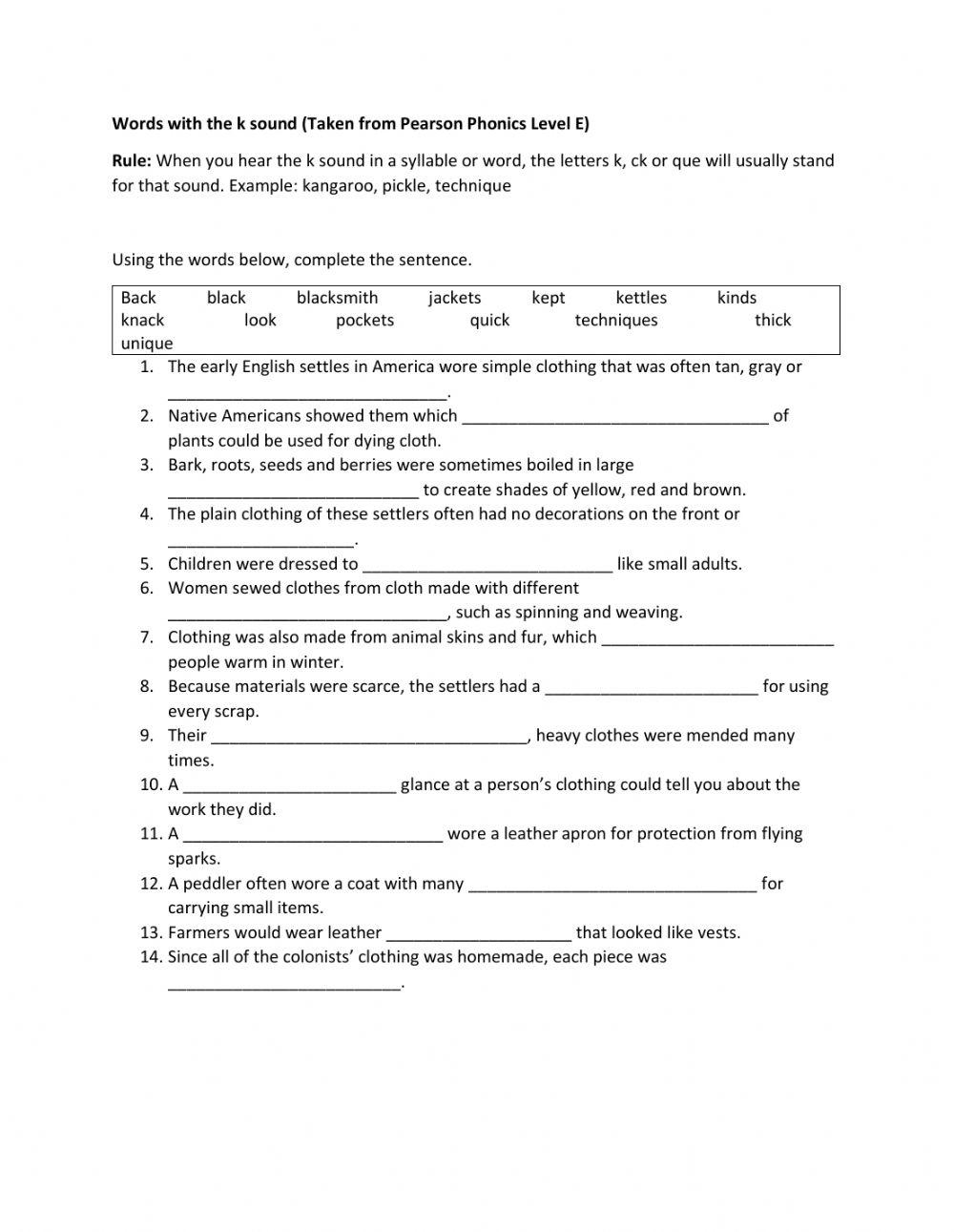 Words with the k sound