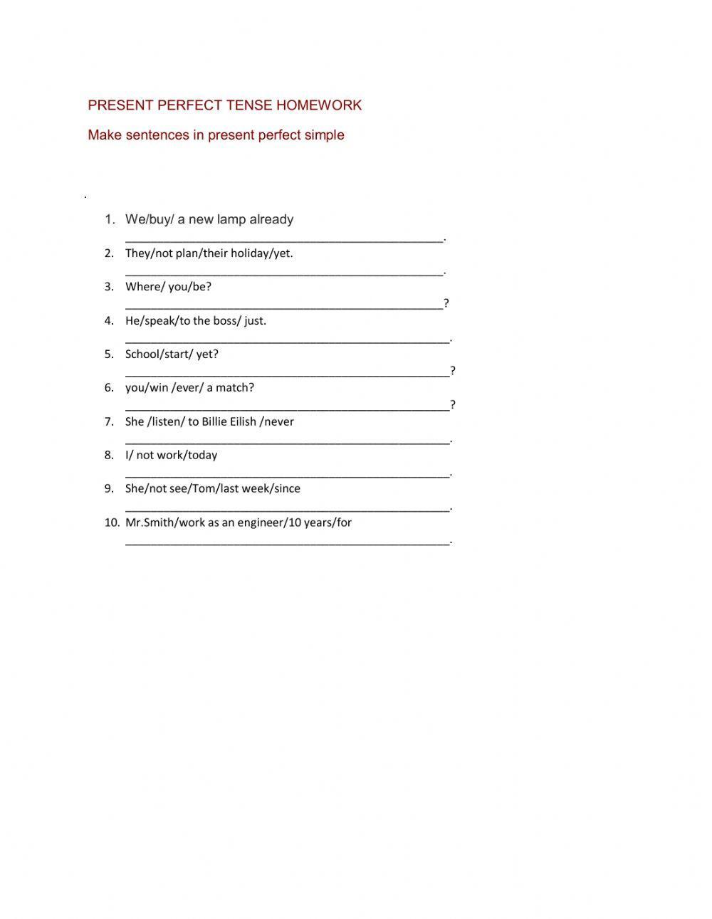Present perfect tense-make sentences