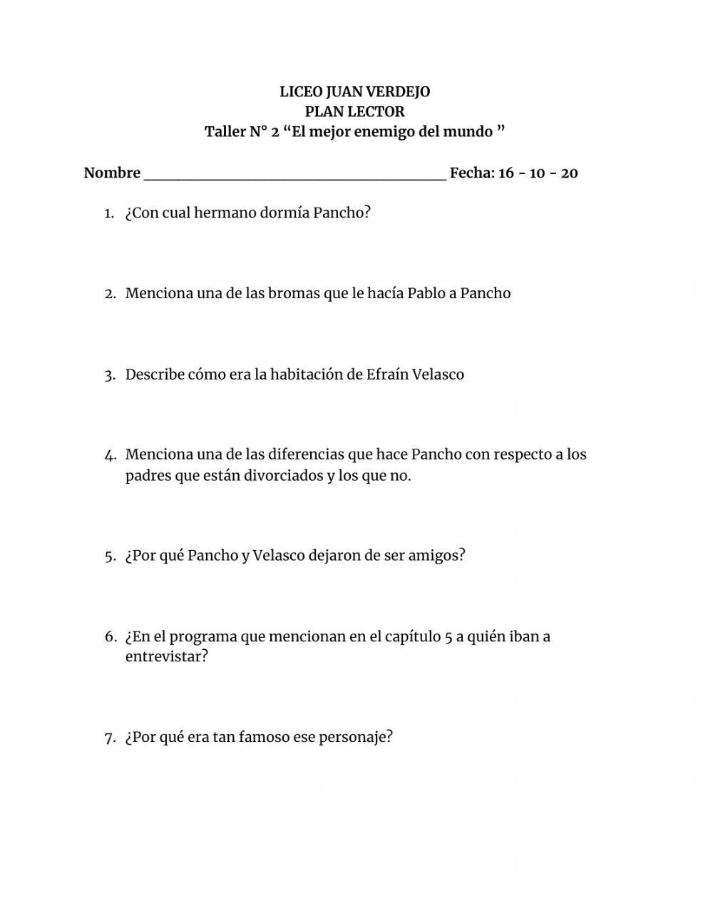 Plan Lector El mejor enemigo del mundo worksheet Live Worksheets Plan Lector El mejor enemigo del mundo worksheet Live Worksheets