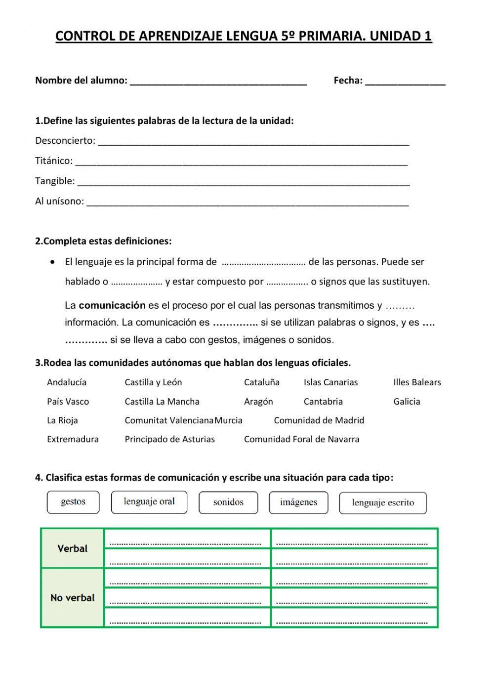 Examen de lengua 5º A