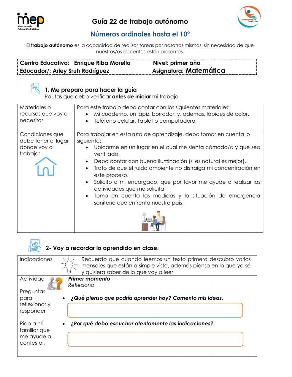 Números ordinales hasta el 10°
