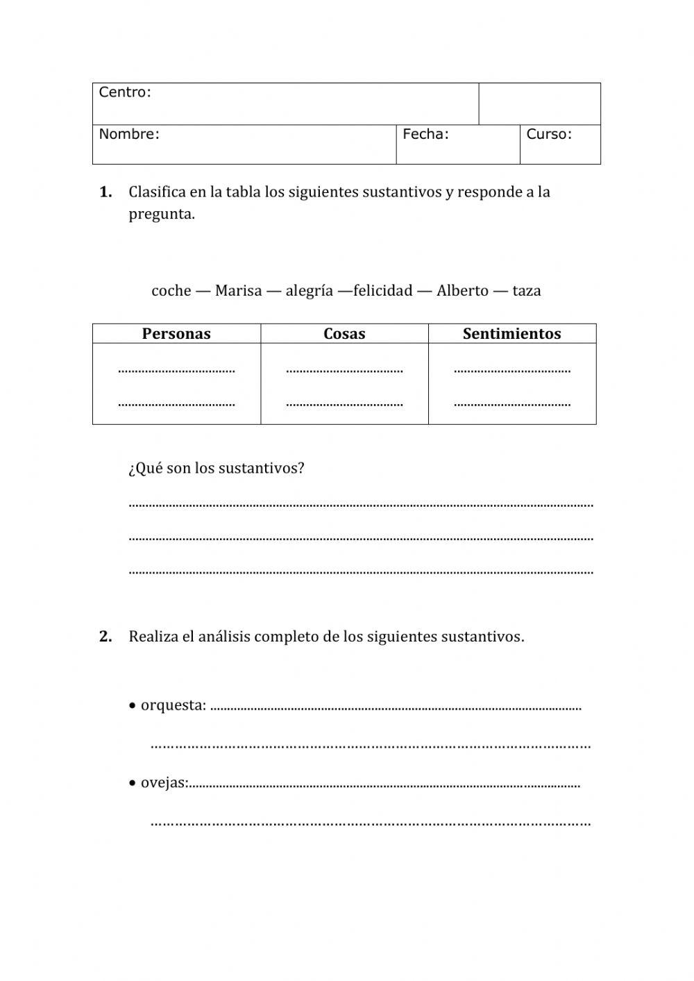 Examen unidad 2 Sustantivos