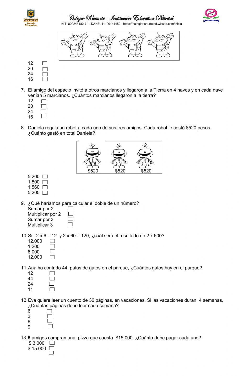 Prueba interactiva de matemáticas para grado 2°