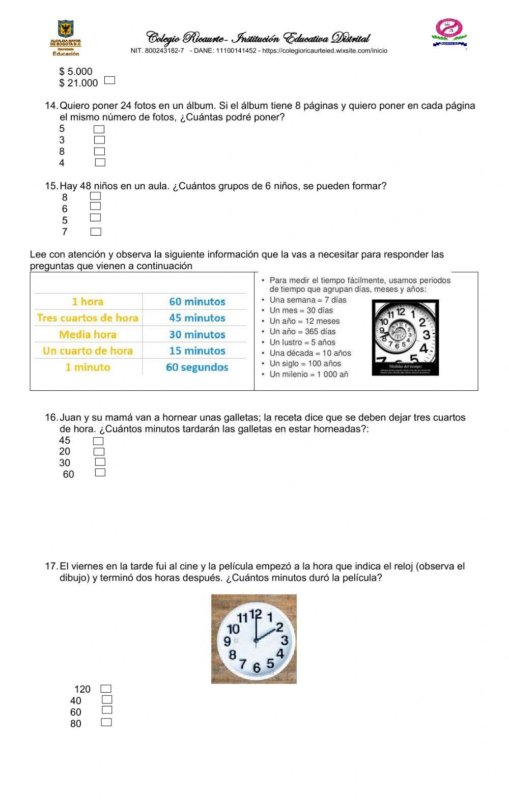 Prueba interactiva de matemáticas para grado 2°