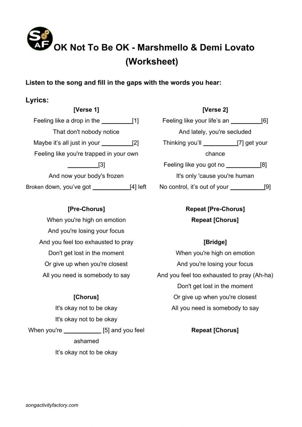 Marshmello & Demi Lovato - Ok Not To Be Ok (Worksheet)
