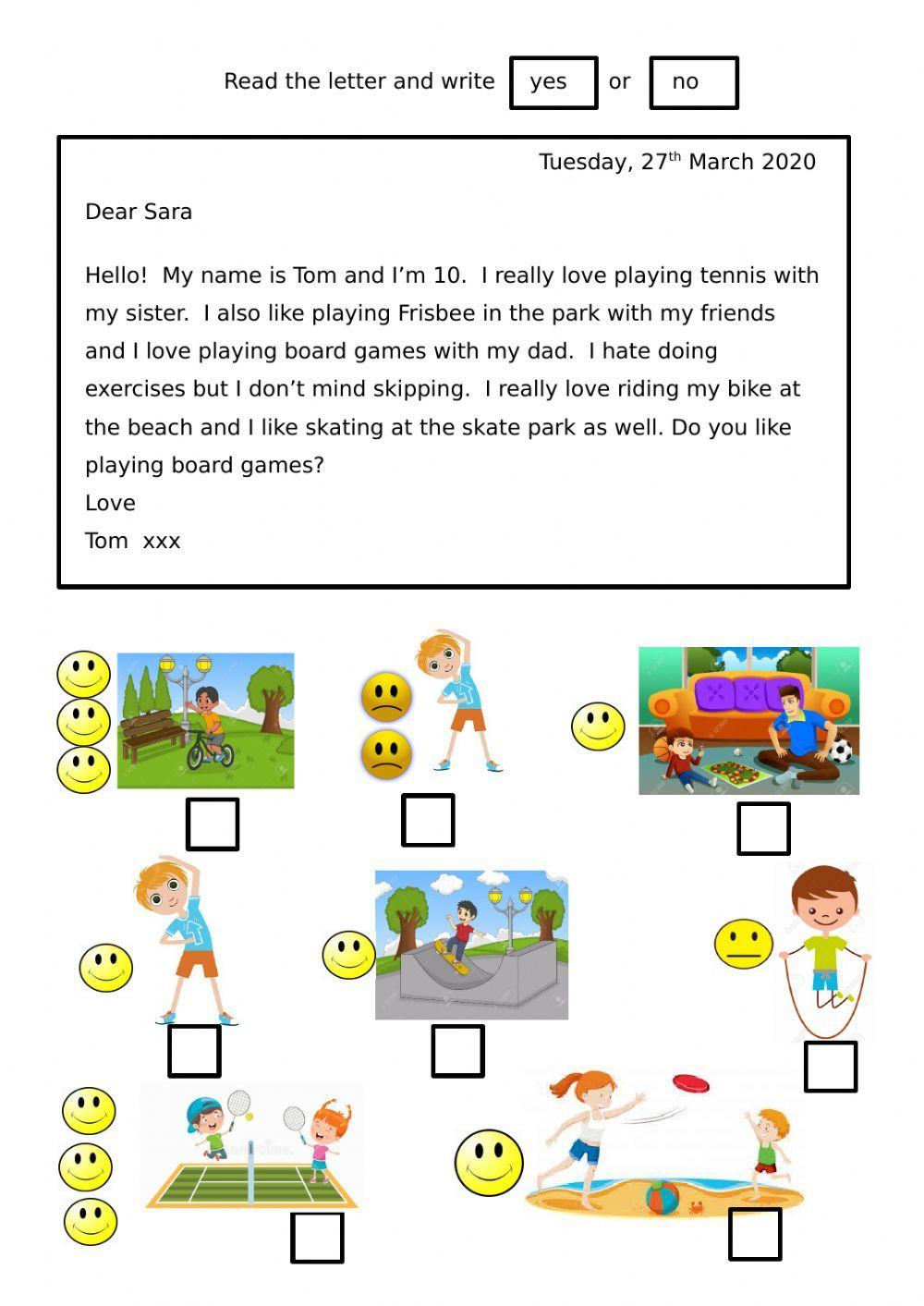 Reading letter about hobbies + likes-dislikes