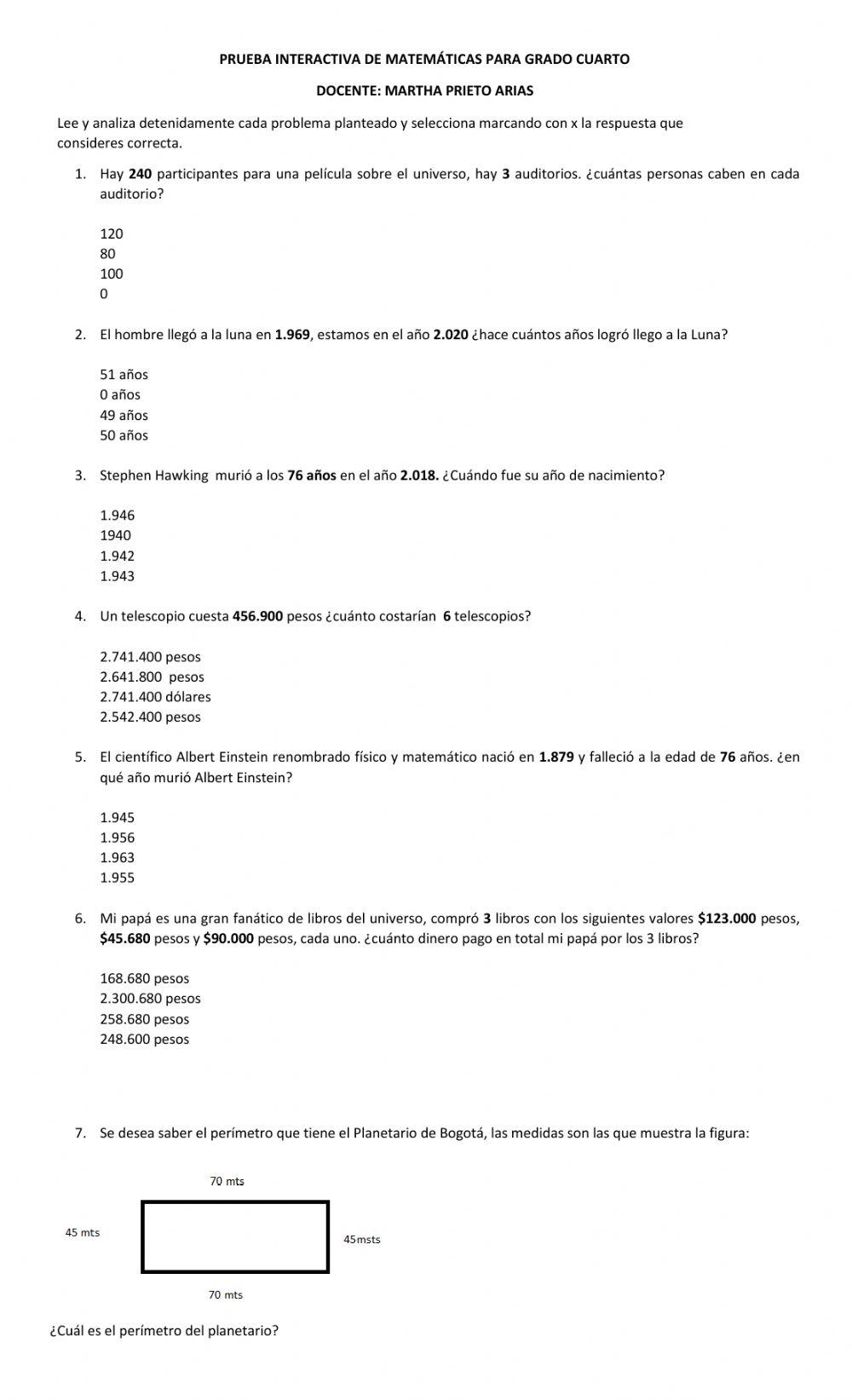 Prueba interactiva de matemáticas para grado 4°