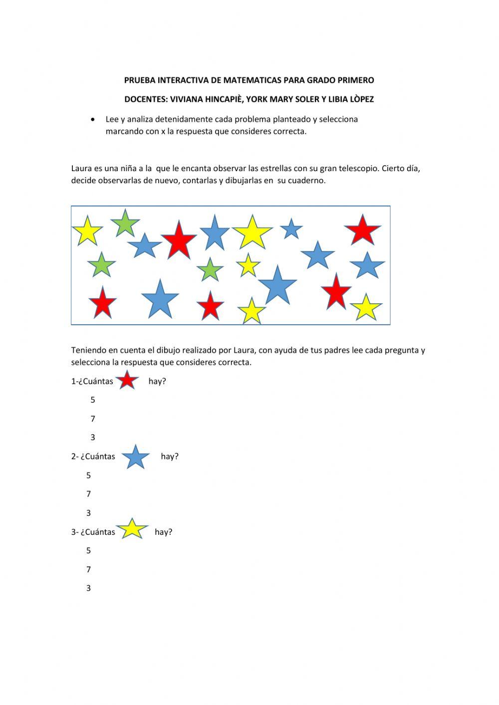 Prueba interactiva de matemáticas para grado 1°