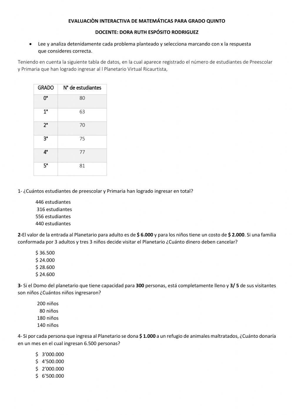 Prueba interactiva de matemáticas para grado 5°