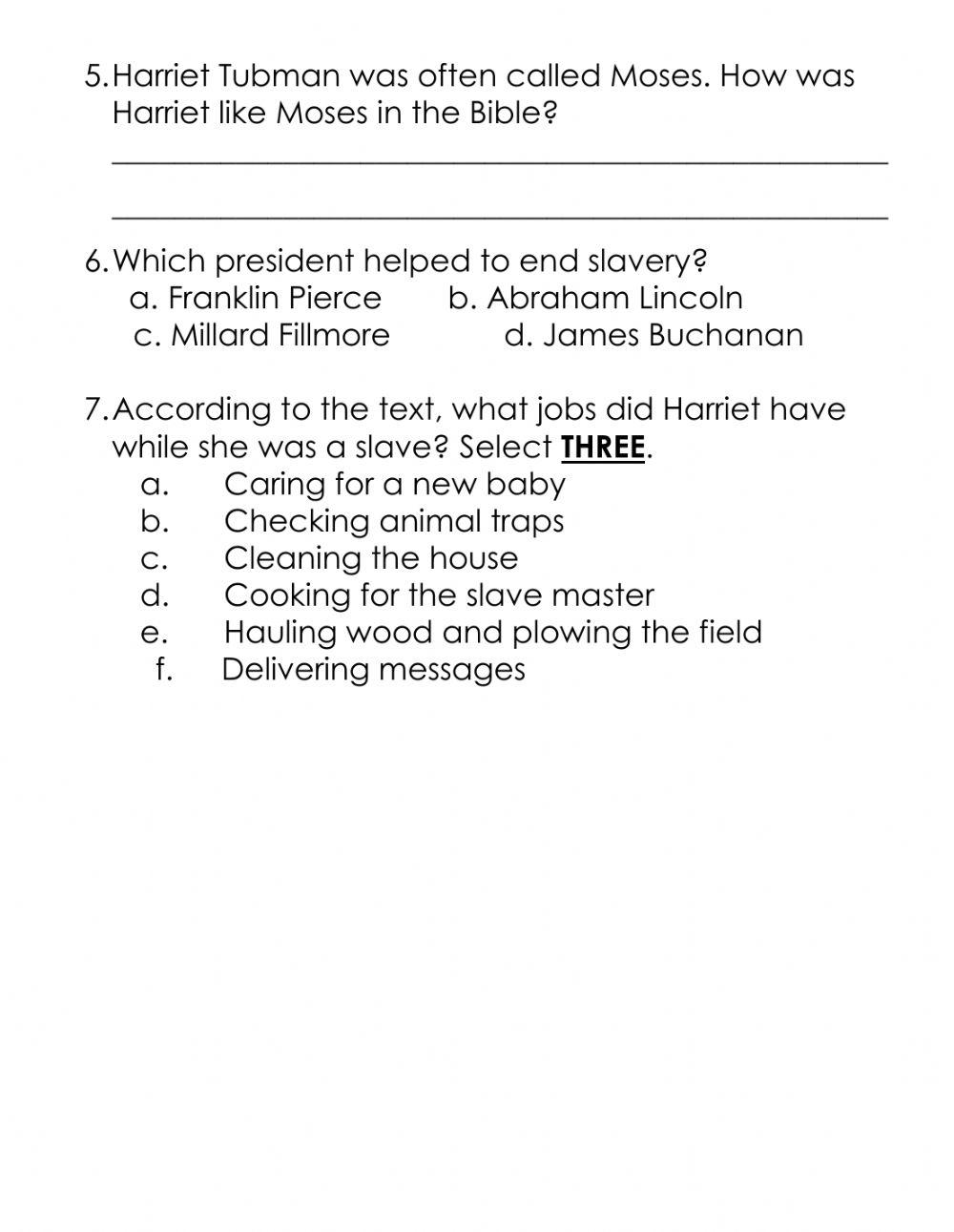 Harriet Tubman Comprehension Quiz