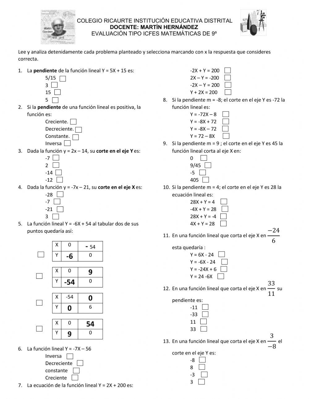 Prueba interactiva de matemáticas para grado 9°