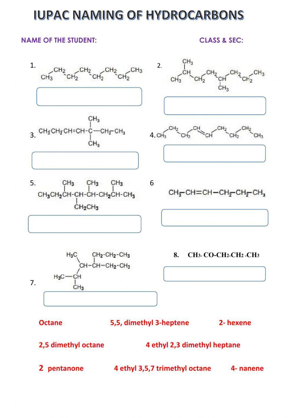 Naming Hydrocarbons Worksheet