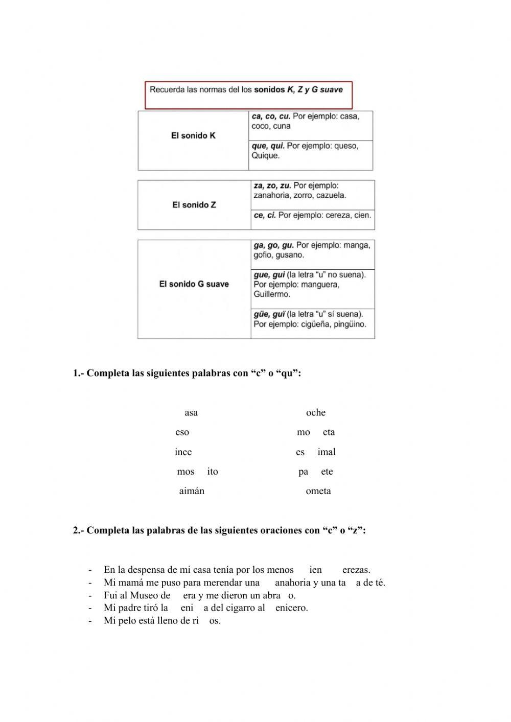 Sonidos k, z y g suave