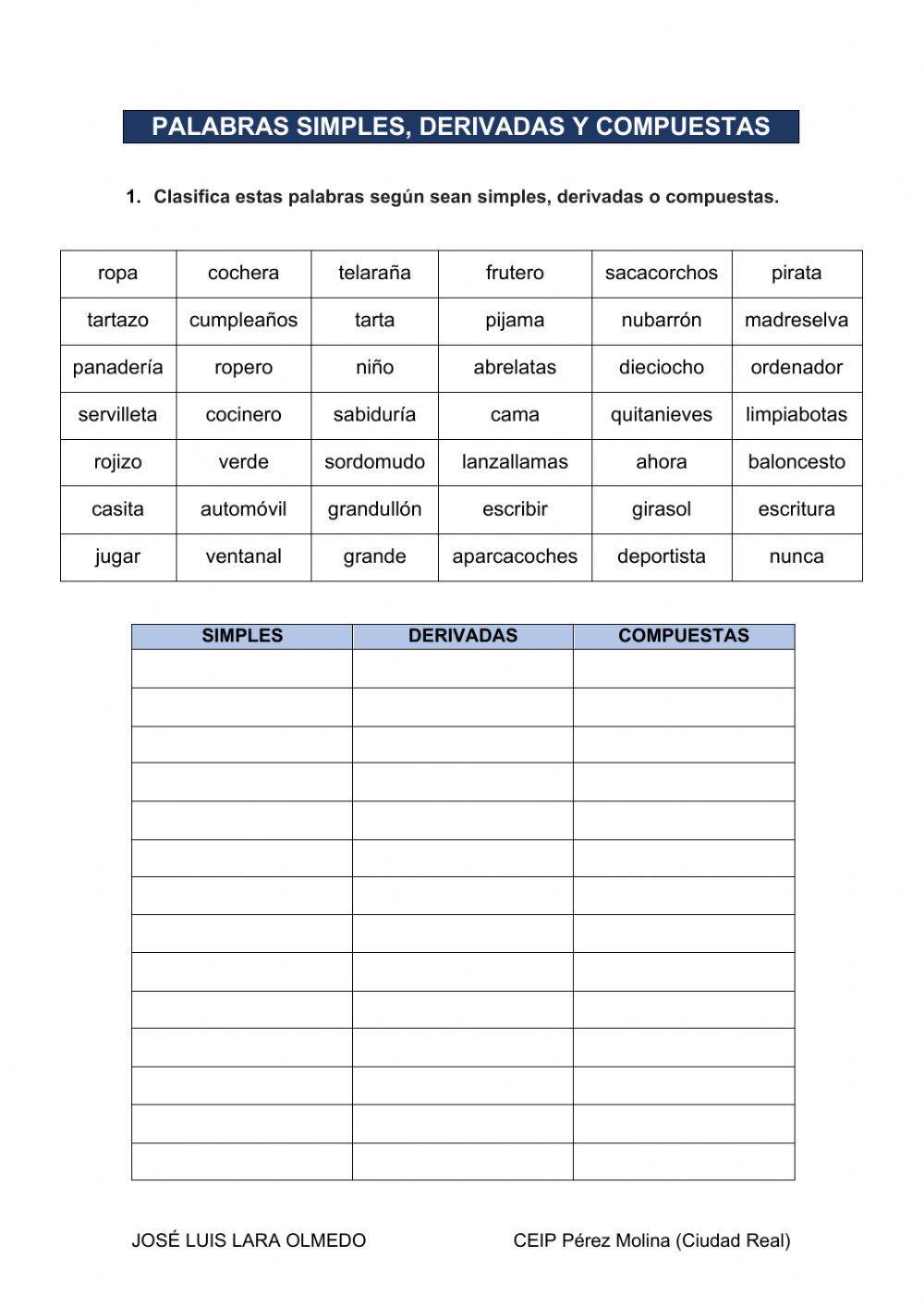 Palabras Simples Derivadas Y Compuestas Worksheet Live Worksheets