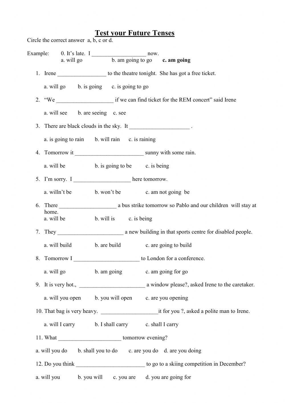 Future tenses multiple choice test