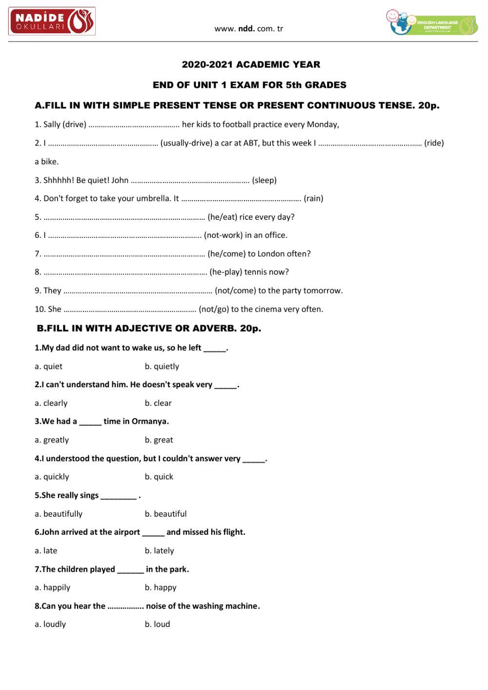 6th Grades Unit 1 End Test