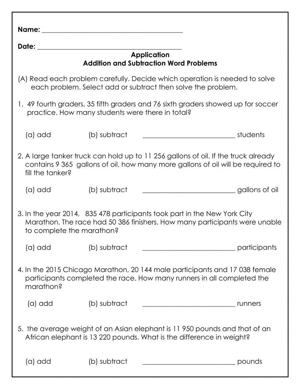 Addition and Subtraction Word Problems