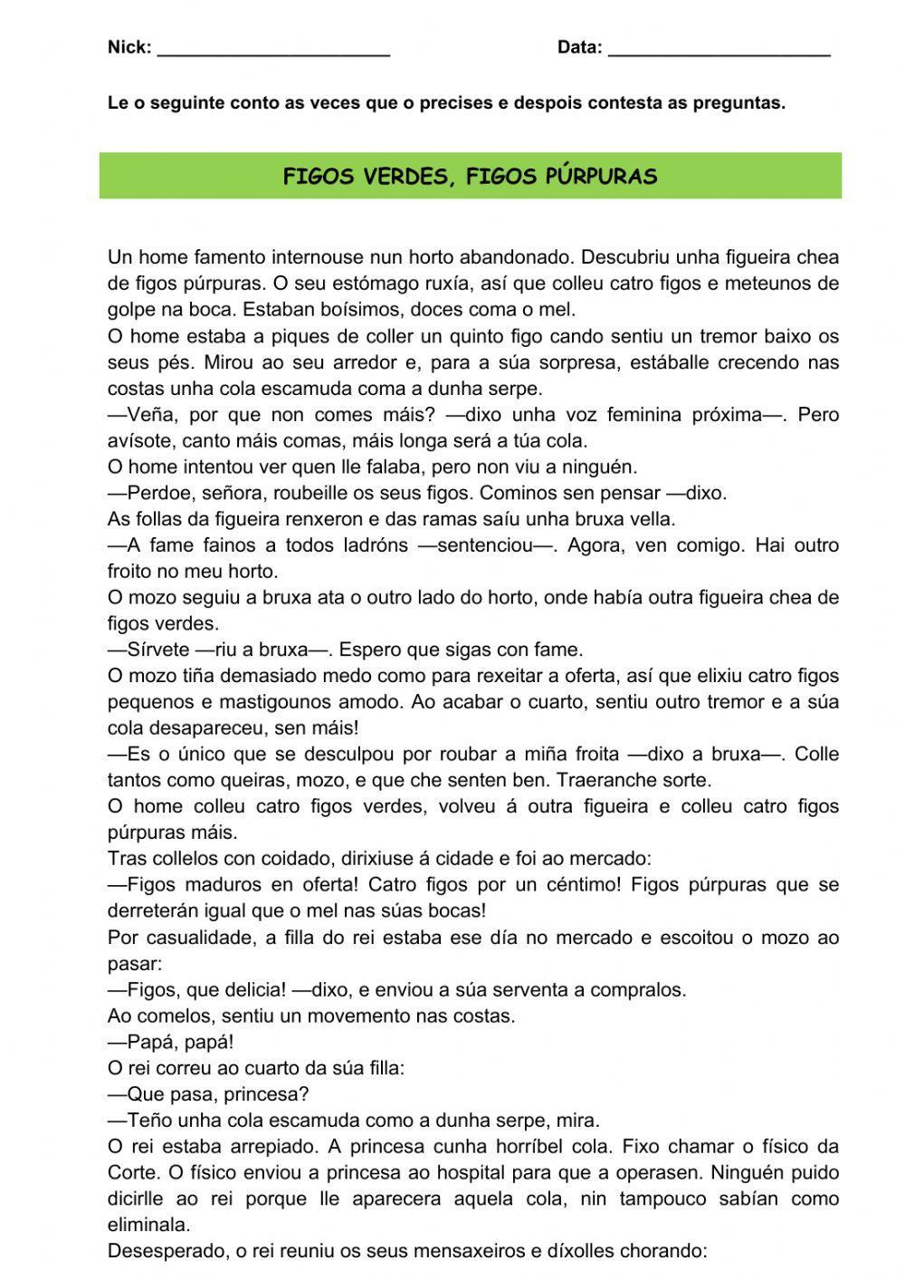 Comprensión escrita. Figos verdes, figos púrpuras