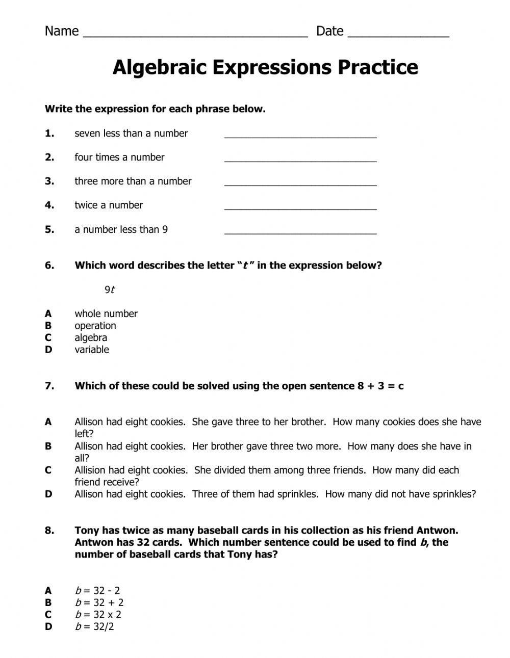 Algebraic Expression Practice