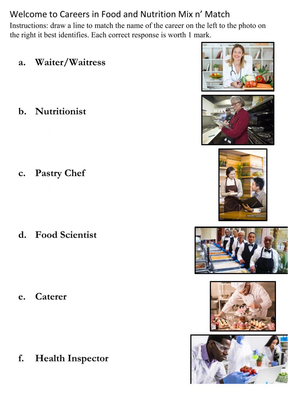Careers in food and nutrition online exercise for live worksheets