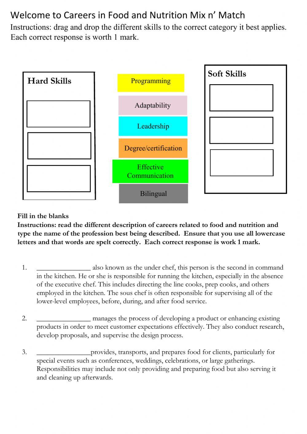 Careers in food and nutrition online exercise for live worksheets