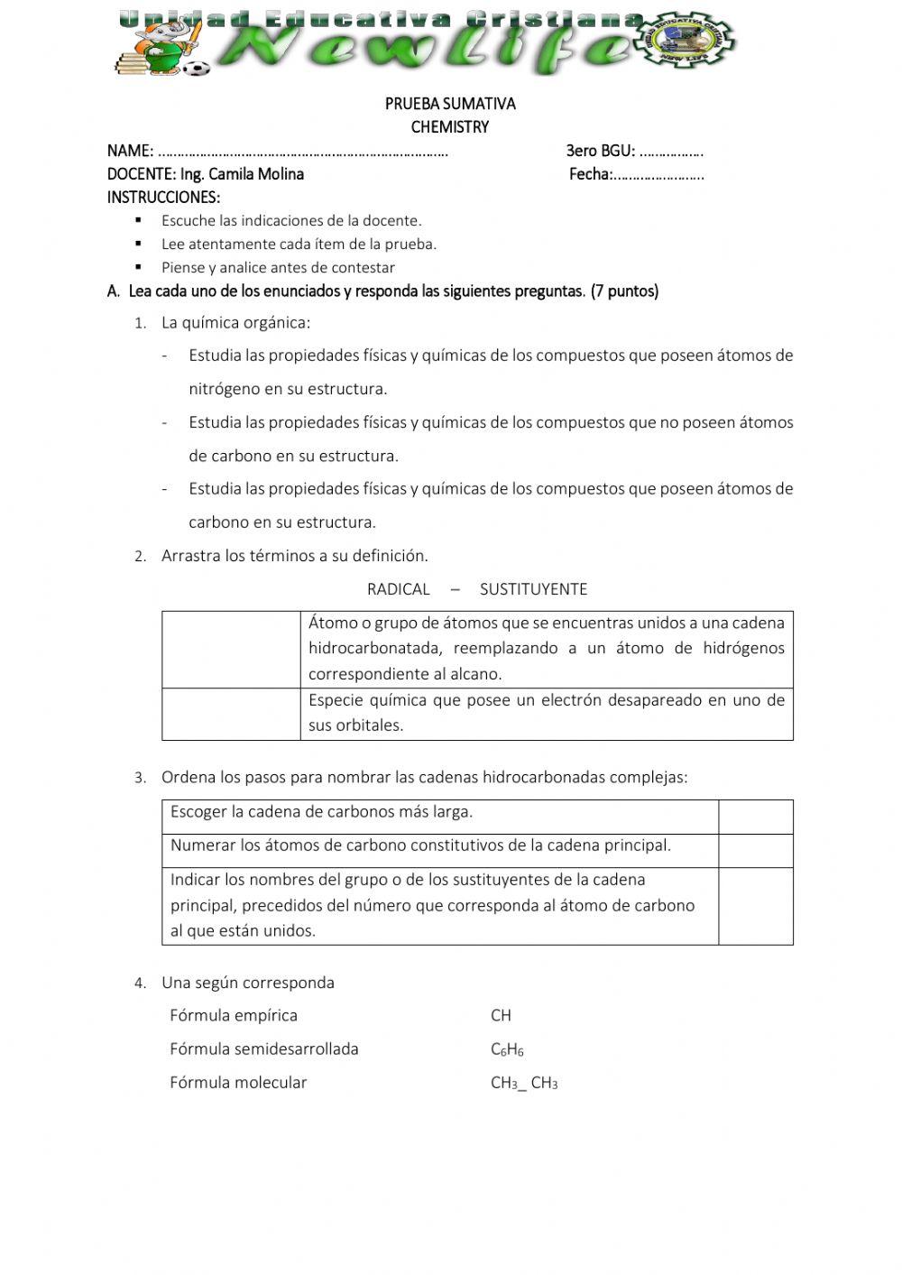 Prueba de unidad - química 3ero worksheet | Live Worksheets