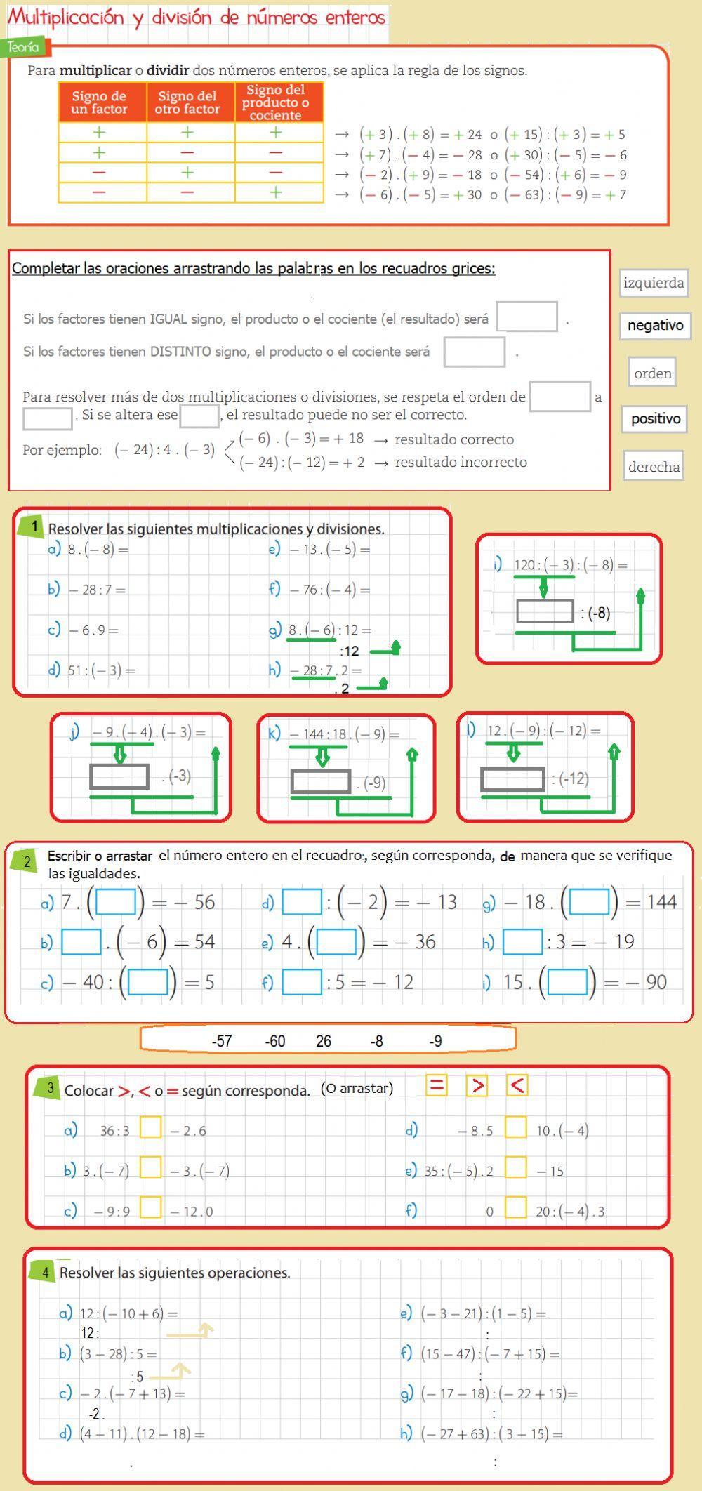 Multiplicación y división de números enteros.