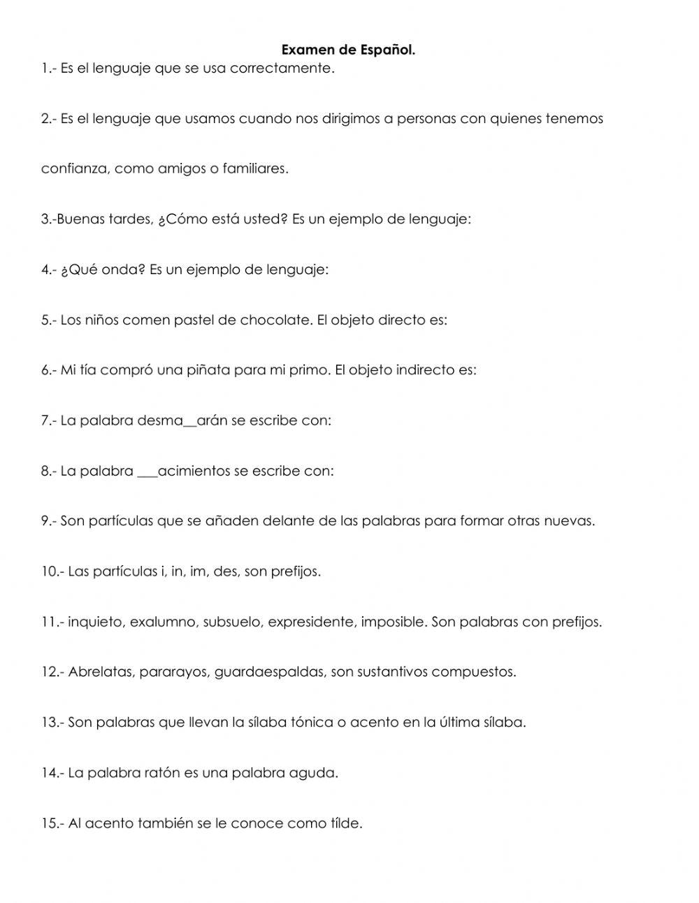 Examen de español octubre