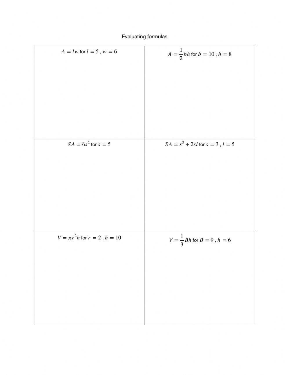 Evaluating Formulas 429570 | pwelch | Live Worksheets
