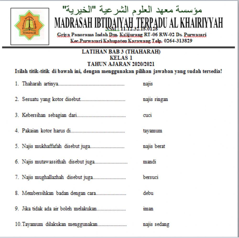 Latihan Fiqih Bab Thaharah Kelas 1