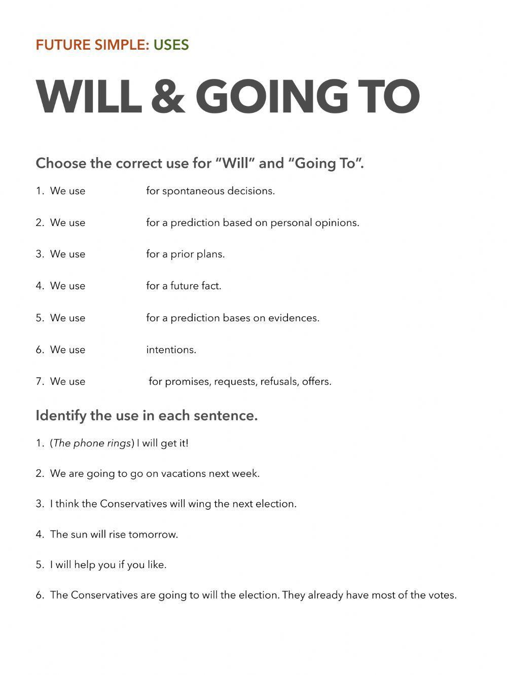 Uses of the Future Simple (Will - Be Going To)