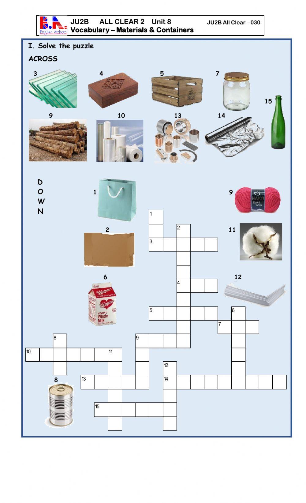 JU2B UNIT 8 VOCABULARY MATERIALS AND CONTAINERS