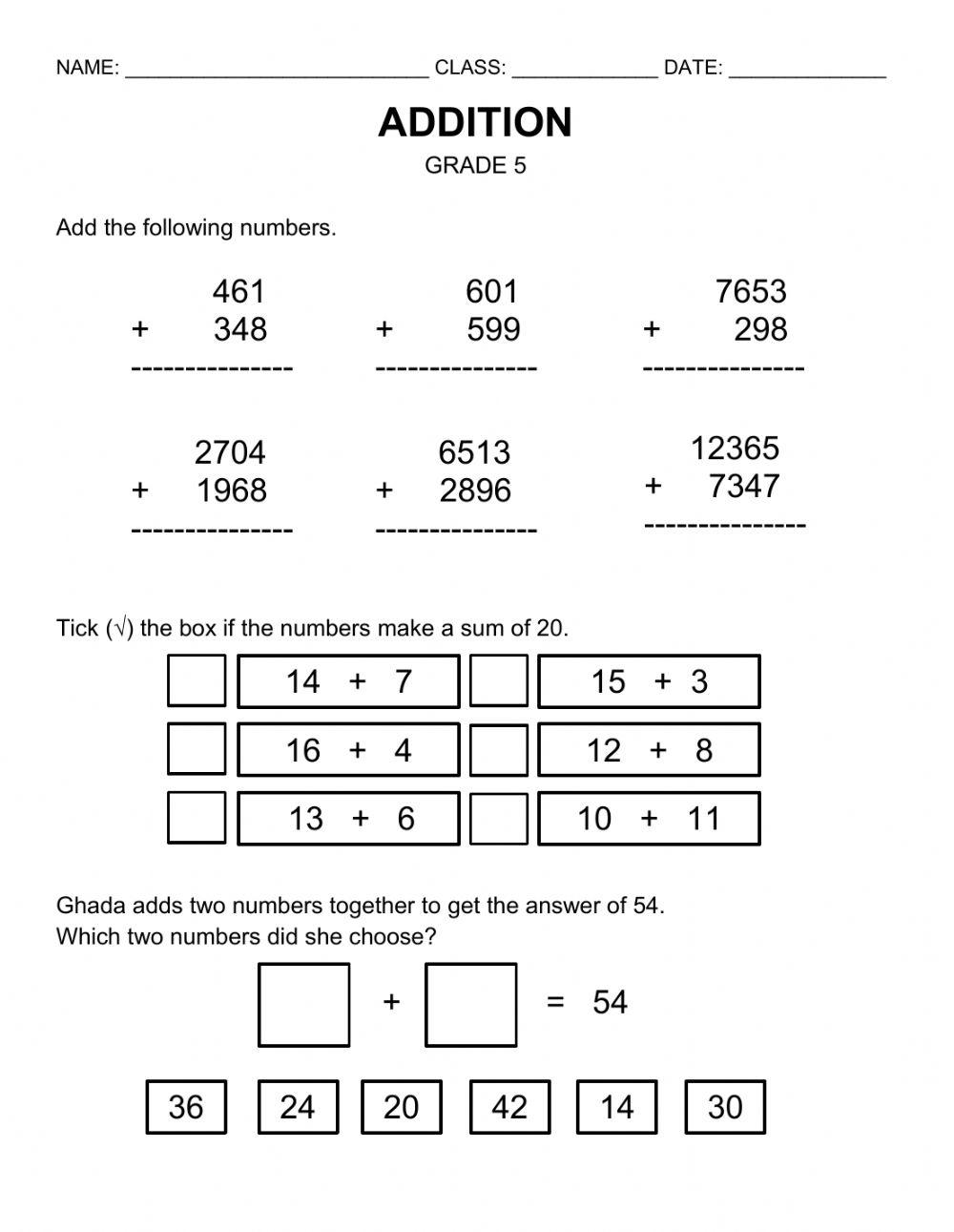 Addition Worksheet Grade 5