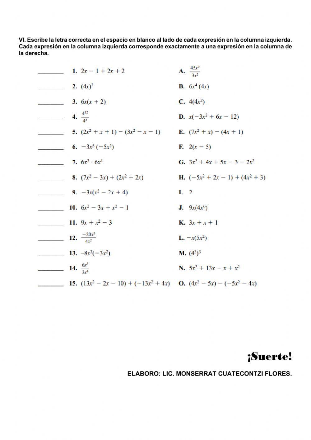 Evaluación de conocimiento Algebra
