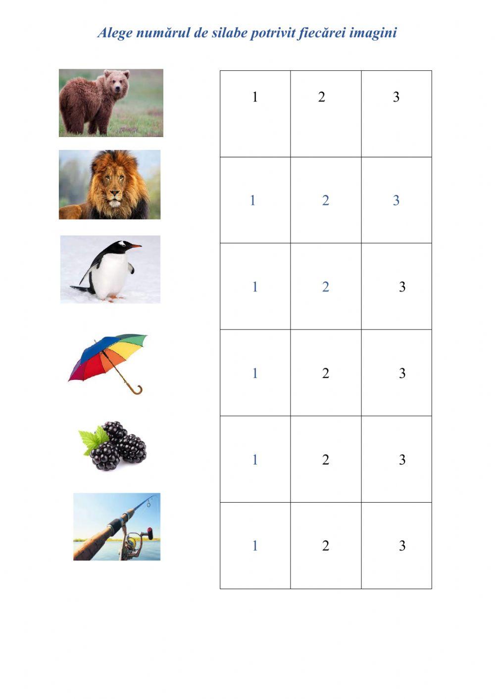 Alege numărul de silabe potrivit fiecărei imagini