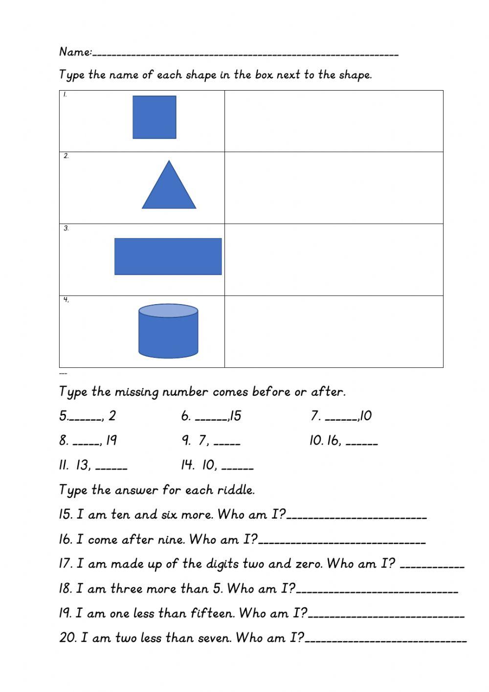 Before- After, Shapes and Number Sense