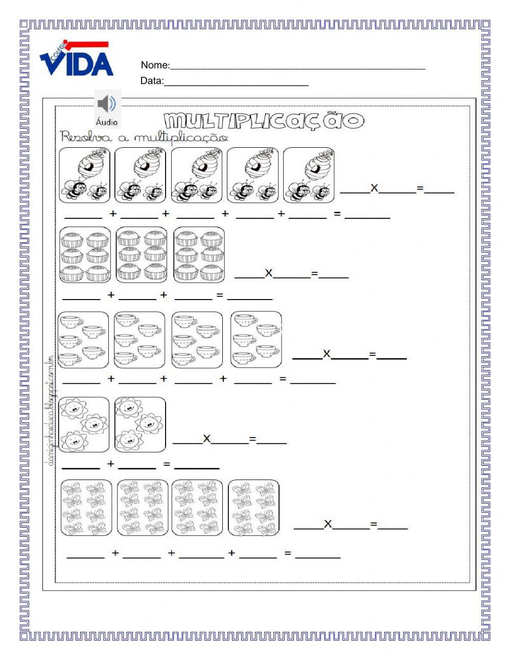 Multiplicação. Atividade envolvendo adição de parcelas iguais. Multiplicação.