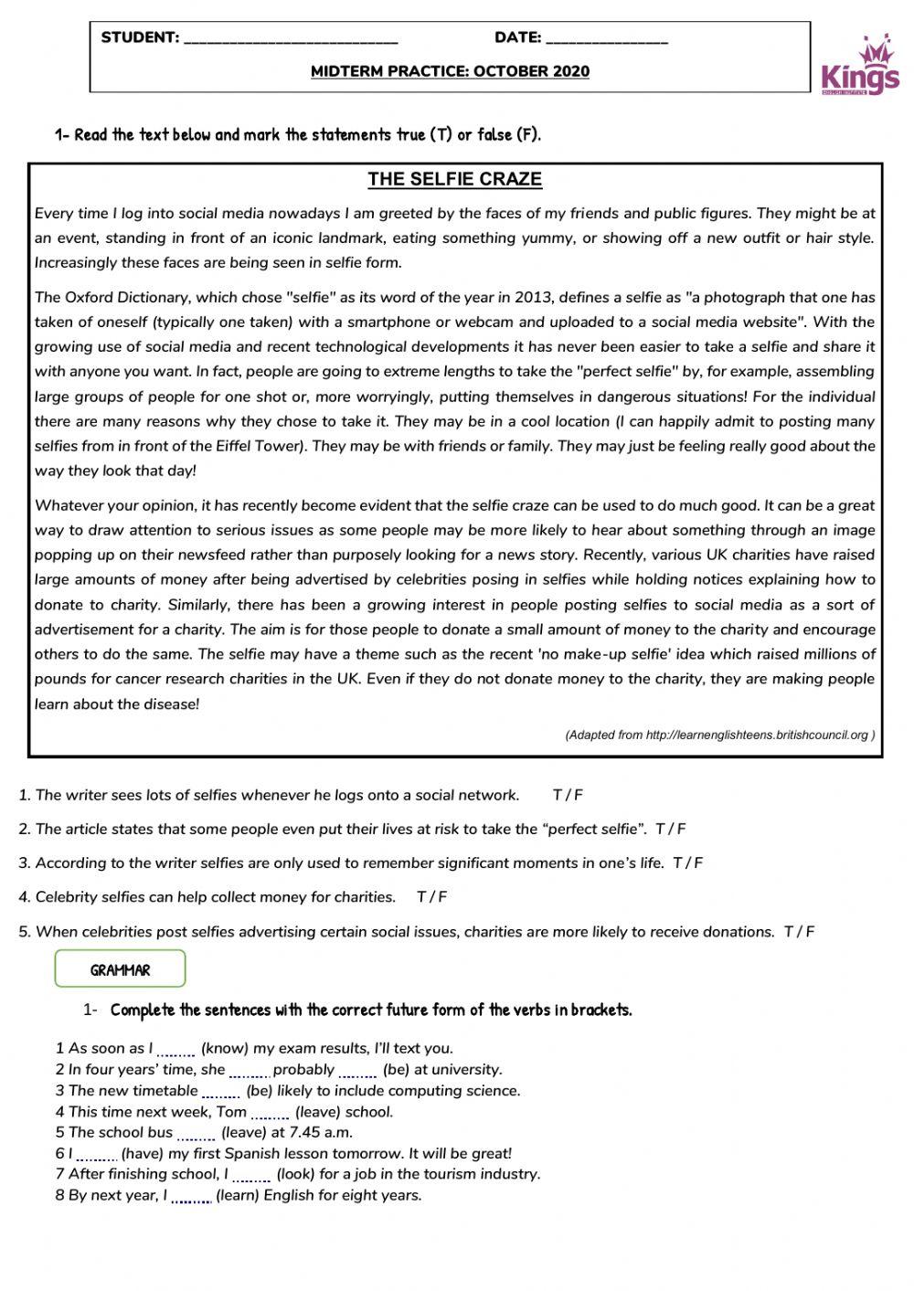 Midterm exam practice Kings- october 2020