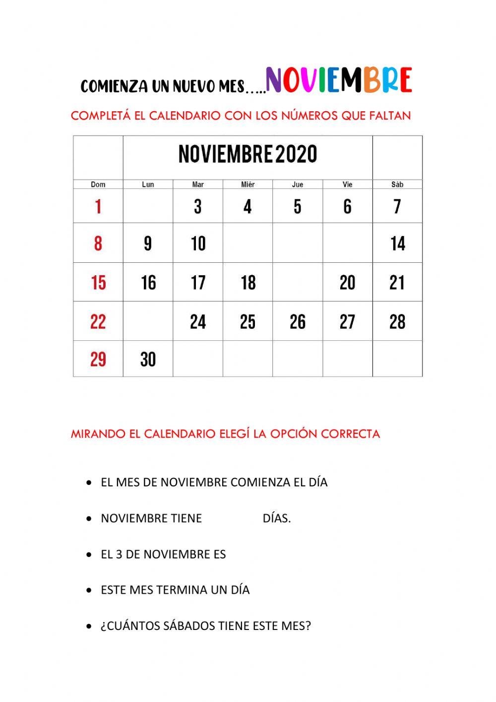 Calendario del mes de noviembre
