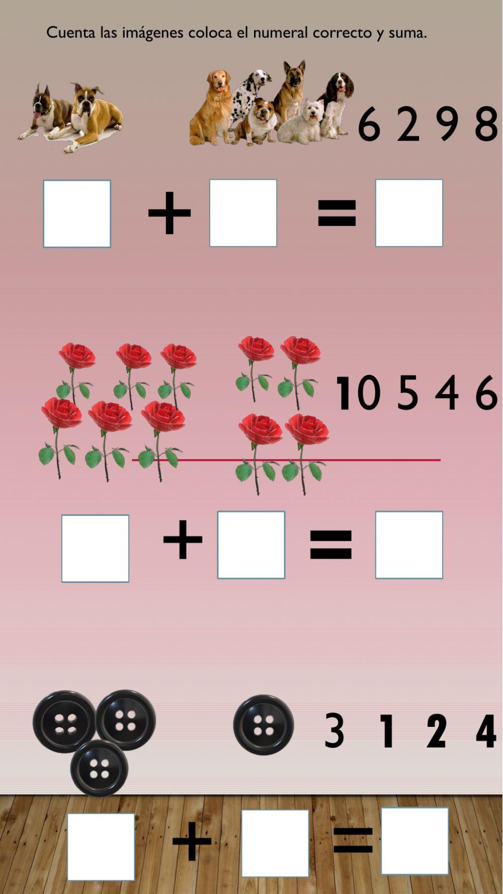 cuenta las imágenes ,coloca el numeral correcto y suma.