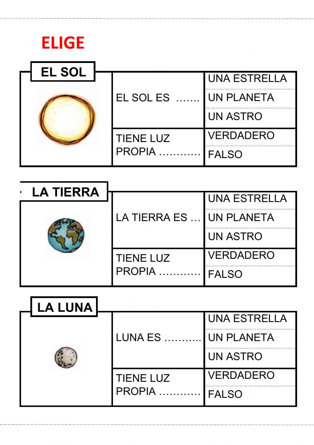 El sol, la luna y la tierra online worksheet | Live Worksheets