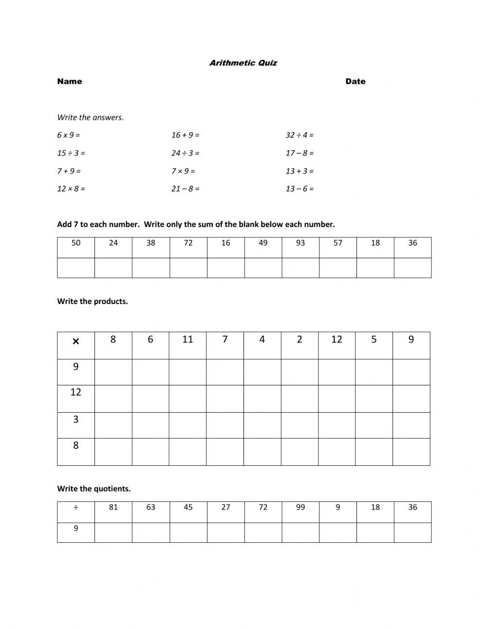 Arithmetic Quiz