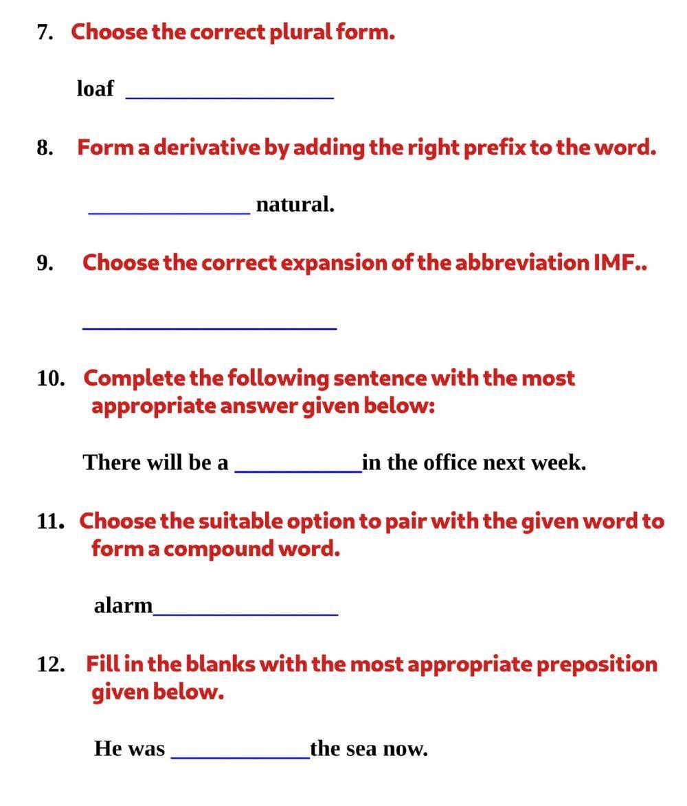 English Question Paper One Marks -Set 1